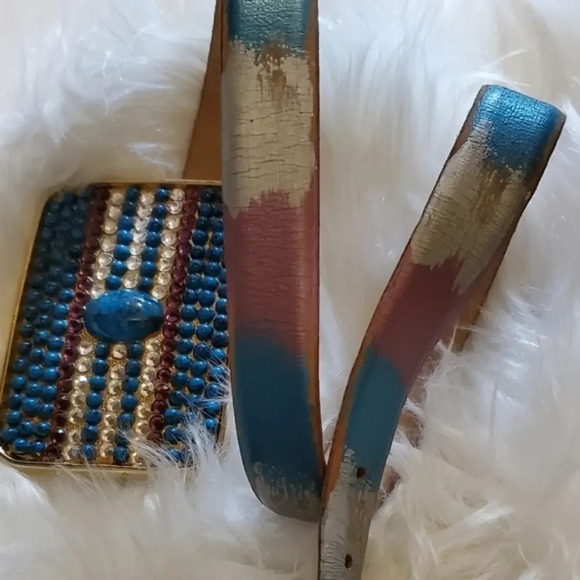 Vintage‎ 80s Leather  bling rainbow belt M - Picture 1 of 8